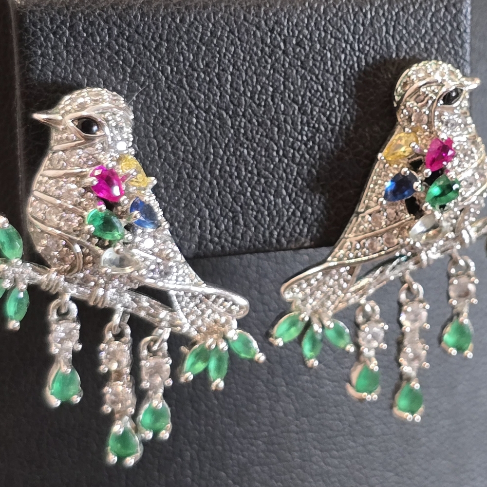 Sterling Silver Bird Earrings with Multicolor Gems